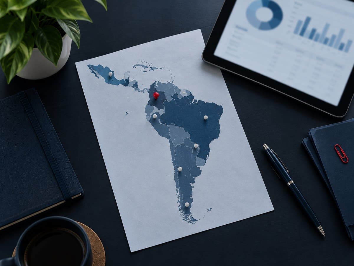 Escritorio con un mapa impreso de América Latina con chinchetas, una tableta con gráficos, un cuaderno y un bolígrafo.