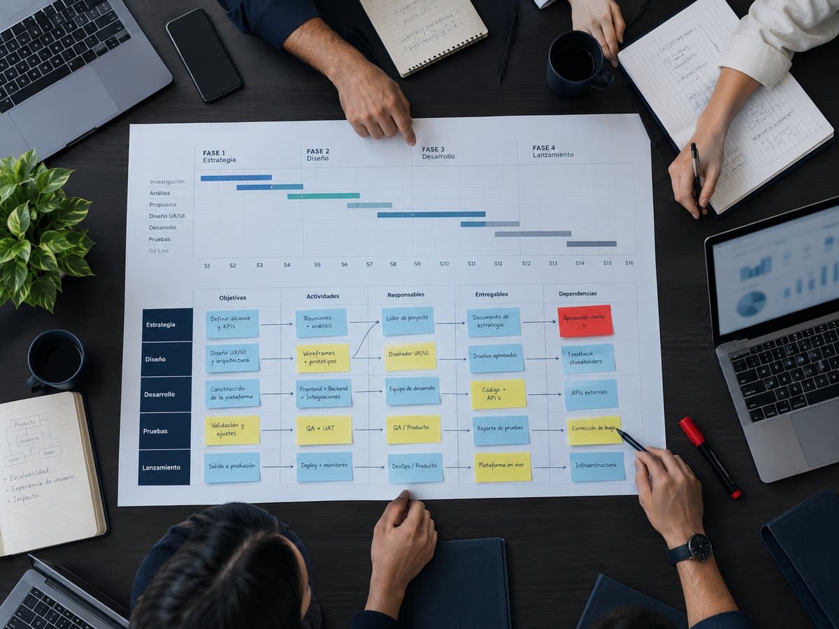 Equipo de trabajo alrededor de una mesa con un tablero impreso de columnas y notas adhesivas de colores, junto a portátiles y cuadernos.