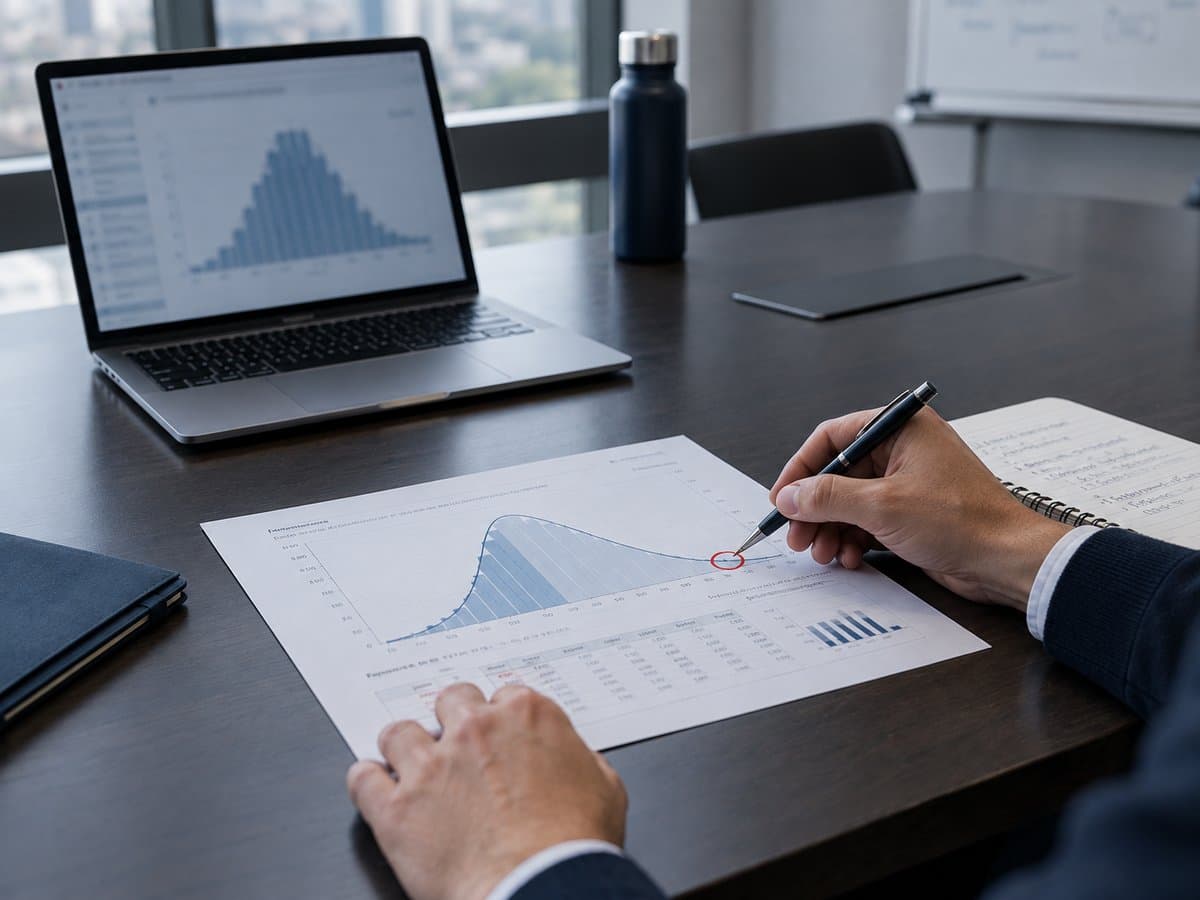 Manos sobre un informe impreso con una curva de distribución de probabilidad, junto a un portátil que muestra un histograma.