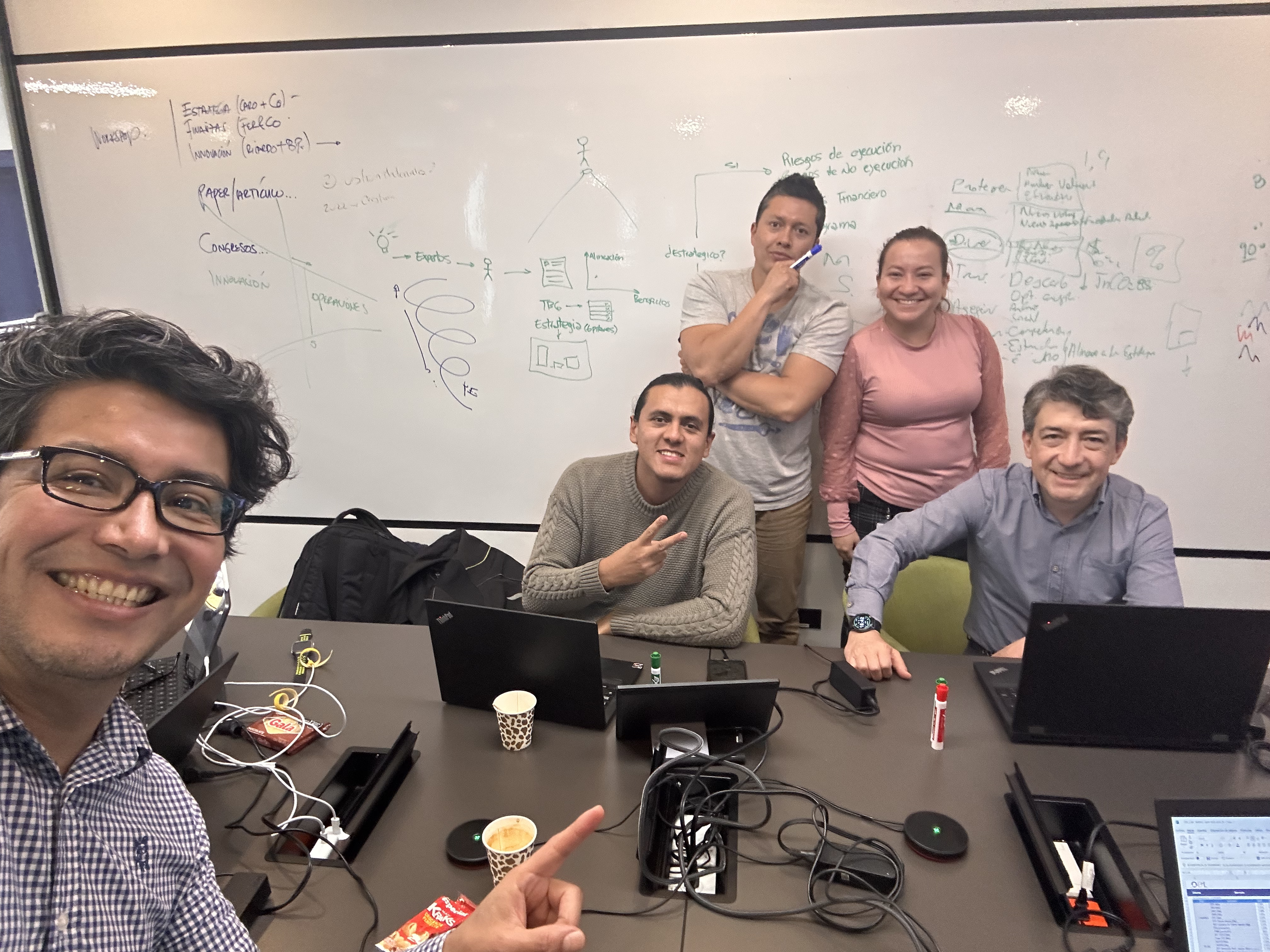 Sesión de trabajo con un equipo frente a un tablero de estrategia e innovación